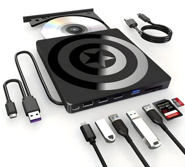 DVD Writer Extern Portabil Slim Model Star, USB 3.0, CD, DVD +/-, RW, Multifunctional, 3x USB-A 2.0, 1x USB-C 3.0, Cititor De Carduri TF SD, Reader DVD Player Staryon® Compatibil Laptop/Desktop/Macbook/iMac, Windows 11/10/8/7/XP, Linux OS, Mac OS, Negru