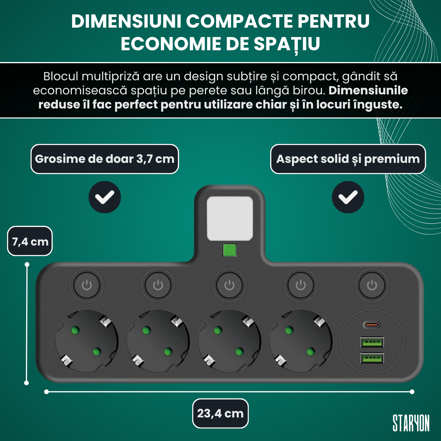 Bloc Multipriza Staryon® 2500W, 4x Schuko + 3x USB, Negru Staryon®