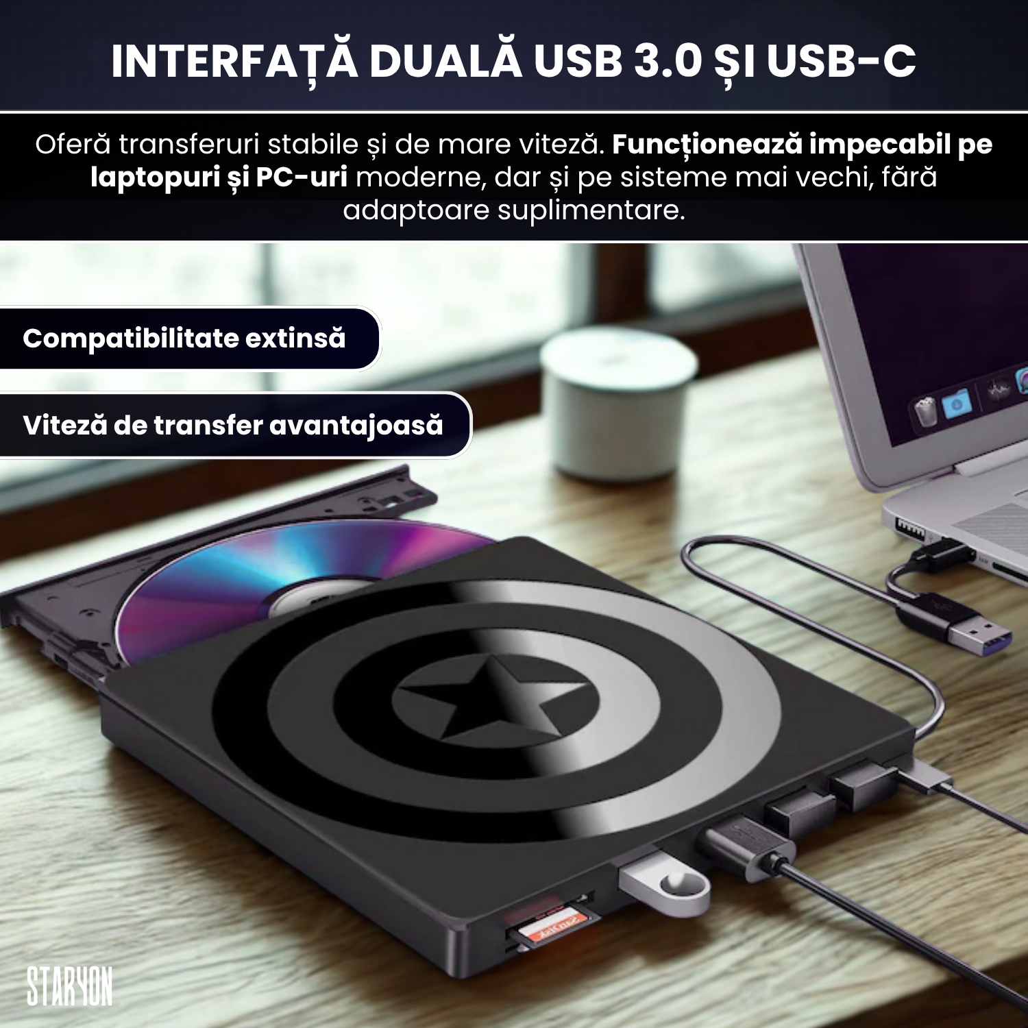 DVD Writer Extern Slim Star Staryon®, USB 3.0, CD/DVD RW, Cititor Carduri, Negru Staryon®
