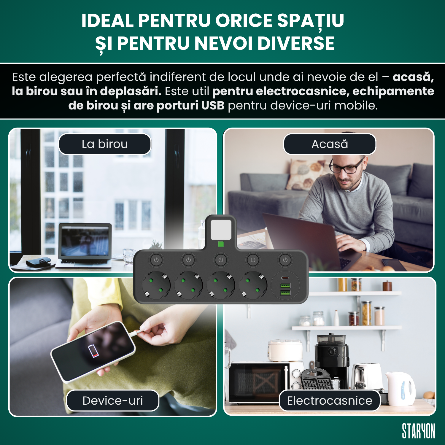 Bloc Multipriza Staryon® 2500W, 4x Schuko + 3x USB, Negru Staryon®