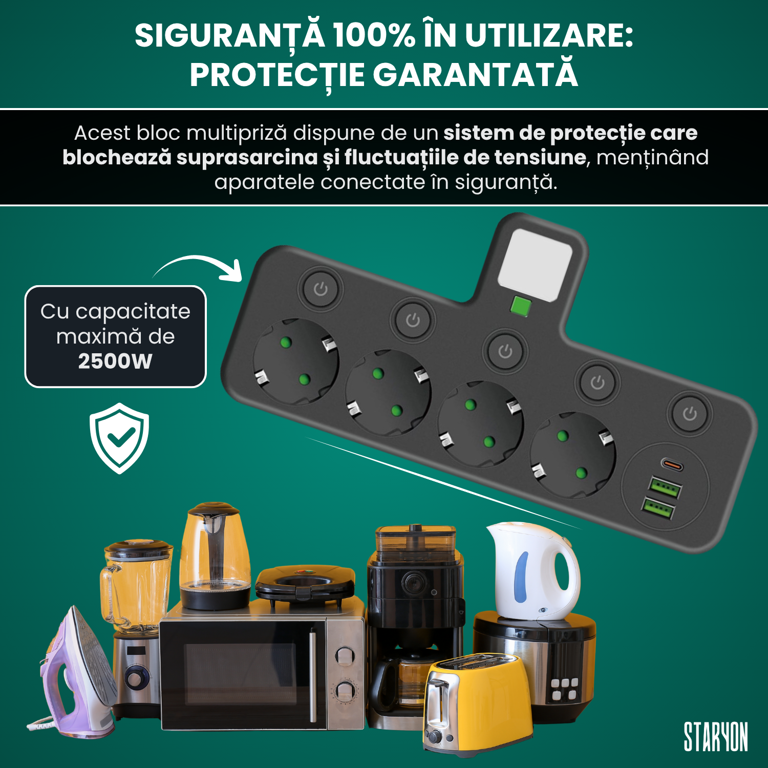 Bloc Multipriza Staryon® 2500W, 4x Schuko + 3x USB, Negru Staryon®