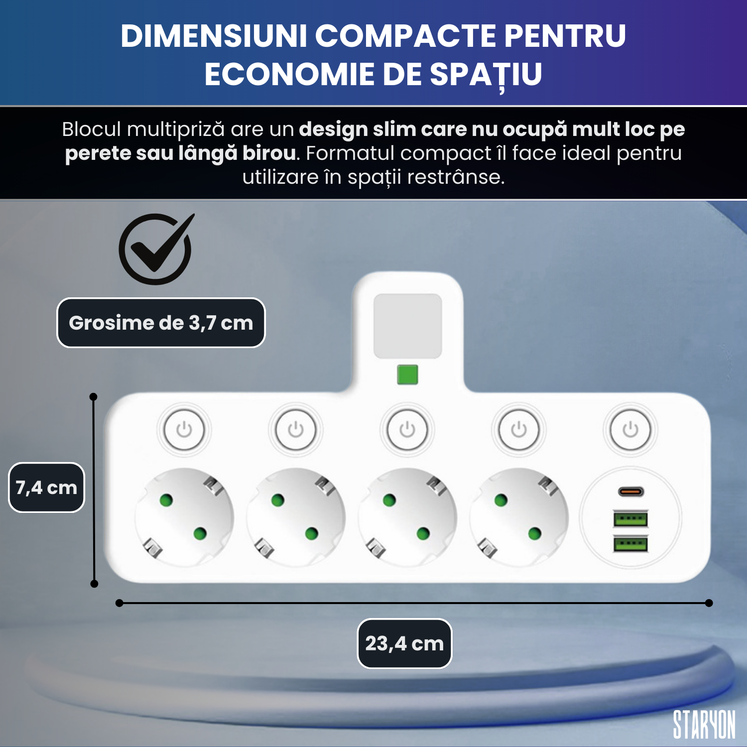 Bloc Multipriza Staryon® 2500W, 4x Schuko + 2x USB-A + 1x USB-C, Alb Staryon®