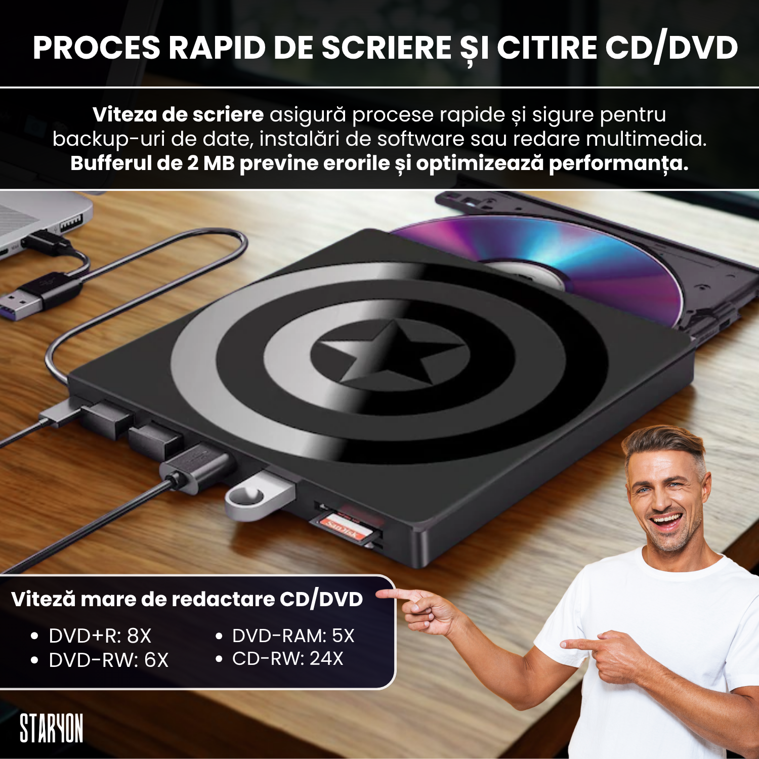 DVD Writer Extern Slim Star Staryon®, USB 3.0, CD/DVD RW, Cititor Carduri, Negru Staryon®