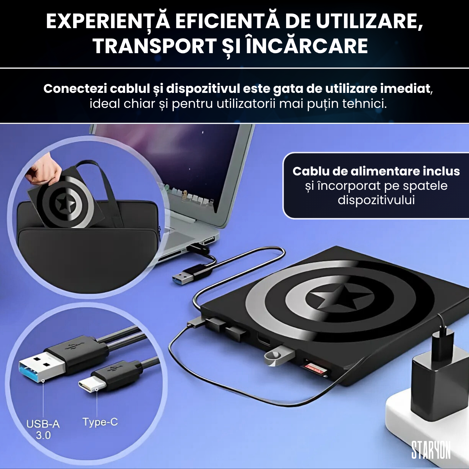 DVD Writer Extern Slim Star Staryon®, USB 3.0, CD/DVD RW, Cititor Carduri, Negru Staryon®