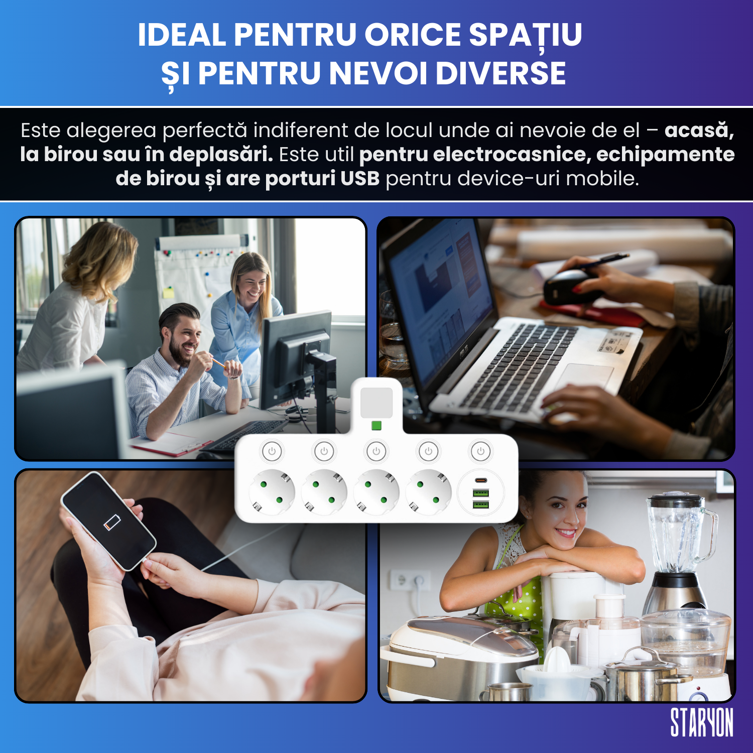 Bloc Multipriza Staryon® 2500W, 4x Schuko + 2x USB-A + 1x USB-C, Alb Staryon®