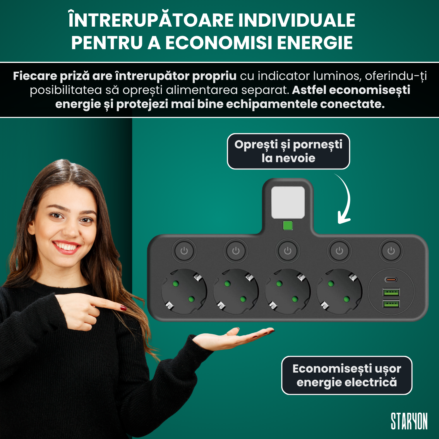 Bloc Multipriza Staryon® 2500W, 4x Schuko + 3x USB, Negru Staryon®