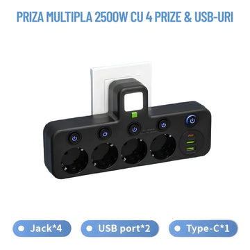 Bloc Multipriza Staryon® 2500W, 4x Schuko + 3x USB, Negru Staryon®