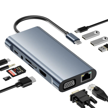 Hub Adaptor Multiport 11 in 1 USB-C 3.1 Staryon® la HDMI 4K / VGA / LAN RJ45 Ethernet (1000 MB/S) / 1x USB-C Data / 3x USB-A 3.0 / Jack Audio / Power Delivery Port 100W / TF si SD Card Reader, Docking Station Laptop, MacBook Air/Pro, Telefon, Tableta, Gri
