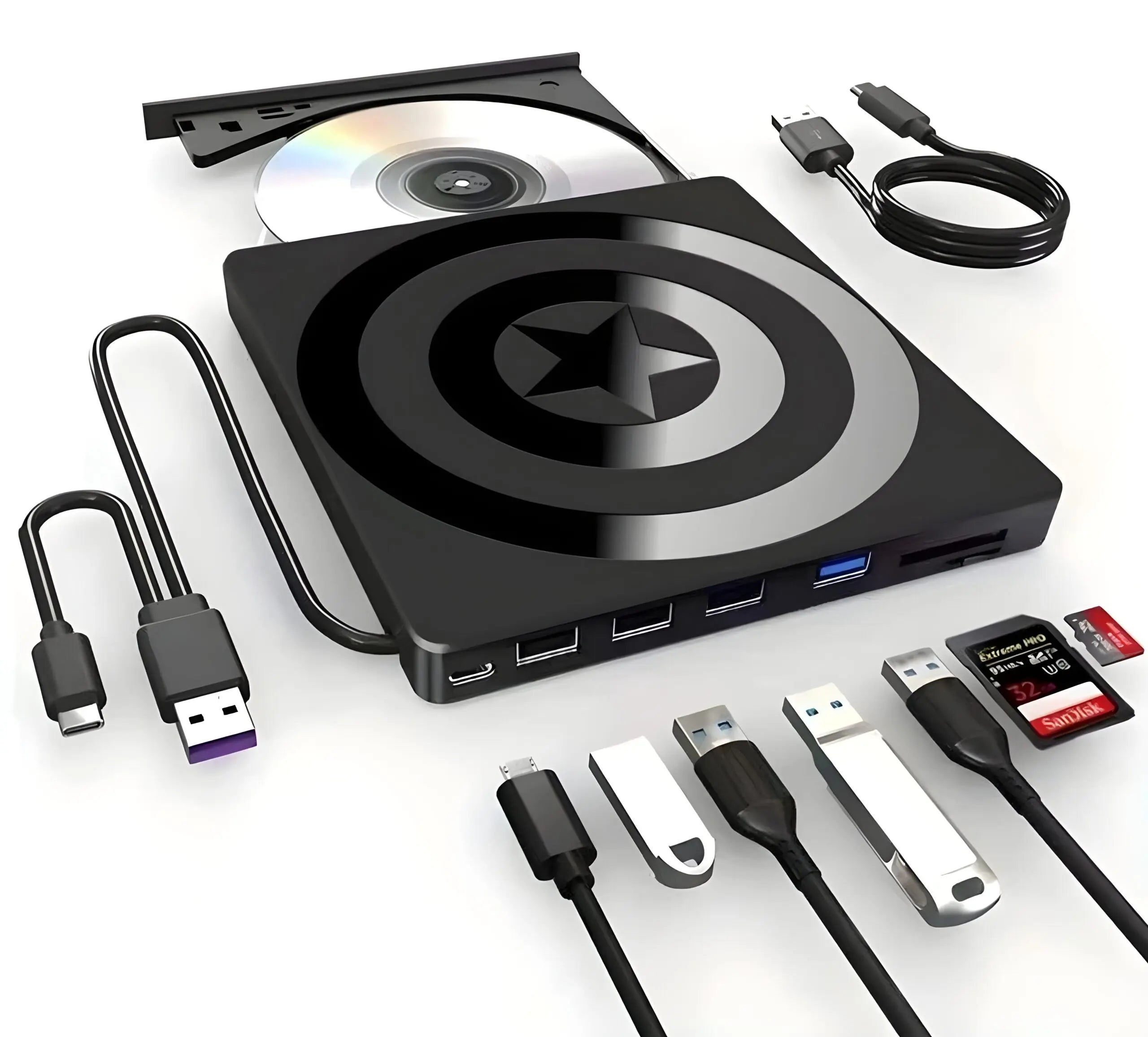 DVD Writer Extern Portabil Slim Model Star, USB 3.0, CD, DVD +/-, RW, Multifunctional, 3x USB-A 2.0, 1x USB-C 3.0, Cititor De Carduri TF SD, Reader DVD Player Staryon® Compatibil Laptop/Desktop/Macbook/iMac, Windows 11/10/8/7/XP, Linux OS, Mac OS, Negru