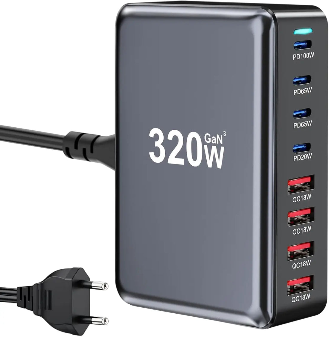 Statie de Incarcare USB 320W GaN PRO 8 in 1, 4 USB-C & 4 USB-A, Incarcare Ultrarapida pentru 8 Dispozitive, Protectie si Disipare Eficienta a Caldurii, Incarcare Universala pentru Laptopuri & Telefoane, Compacta si Puternica, Staryon®, Negru