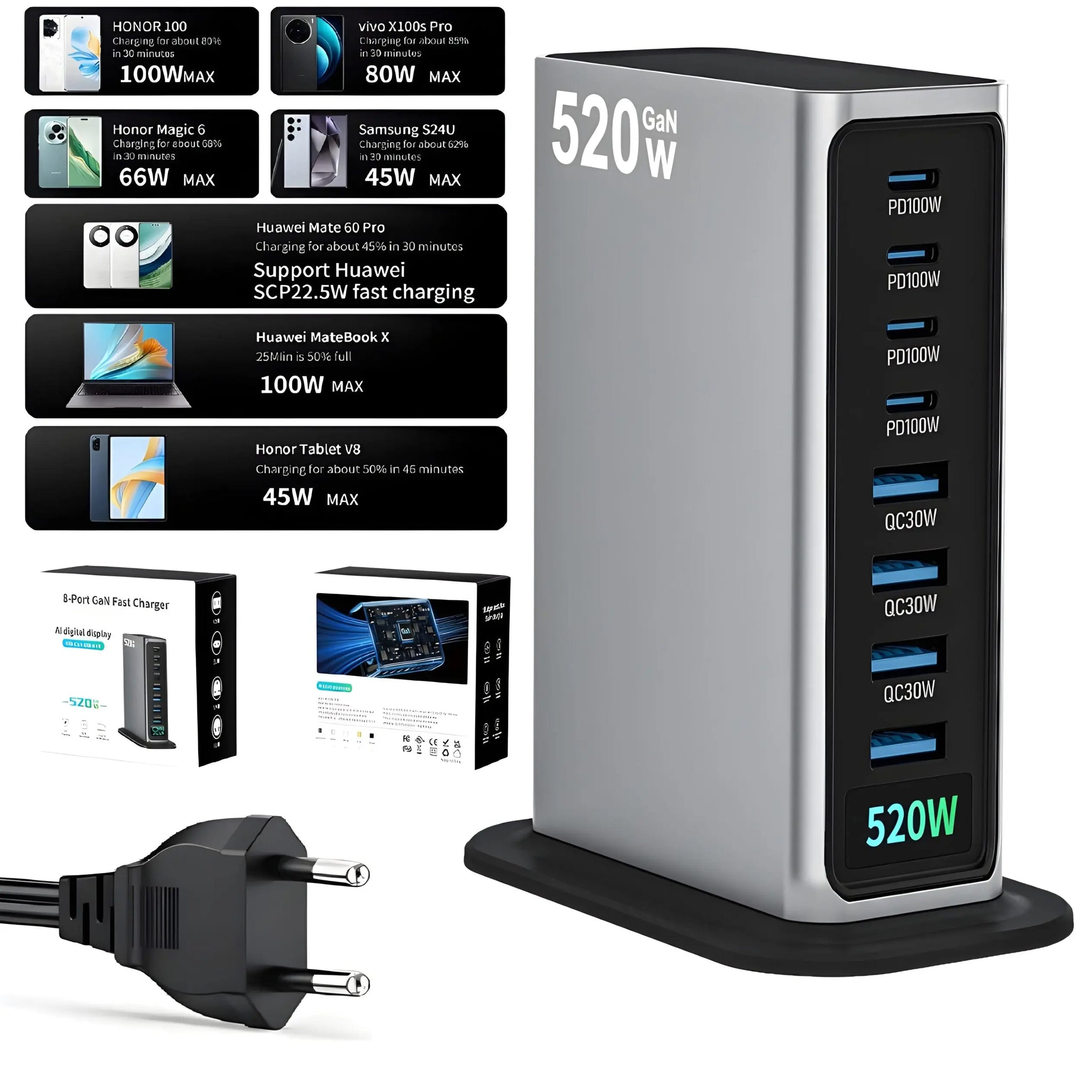 tatie de Incarcare USB 520W GaN PRO 8 in 1, 4 USB-C & 4 USB-A, Incarcare Ultrarapida pentru 8 Dispozitive, Protectie si Disipare Eficienta a Caldurii, Incarcare Universala pentru Laptopuri & Telefoane, Compacta si Puternica, Staryon®, Argintiu