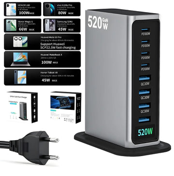 tatie de Incarcare USB 520W GaN PRO 8 in 1, 4 USB-C & 4 USB-A, Incarcare Ultrarapida pentru 8 Dispozitive, Protectie si Disipare Eficienta a Caldurii, Incarcare Universala pentru Laptopuri & Telefoane, Compacta si Puternica, Staryon®, Argintiu