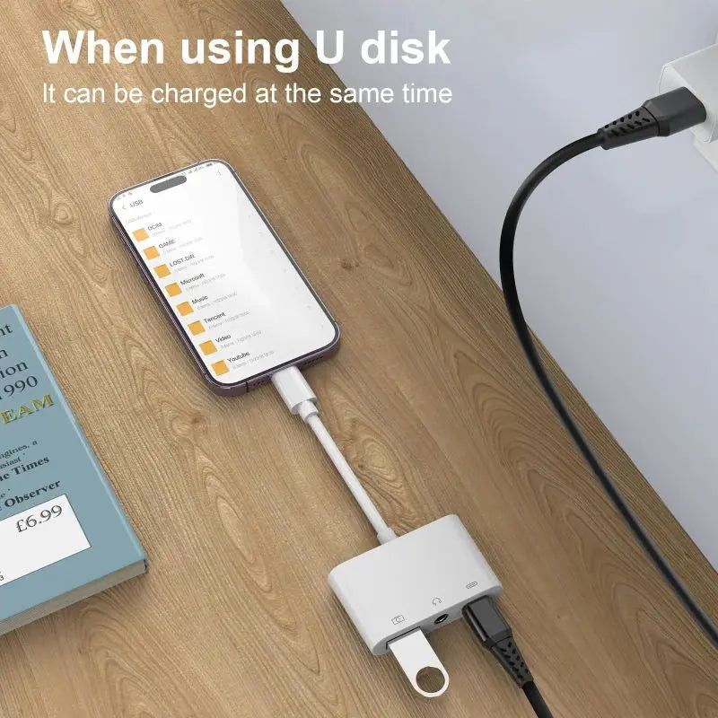 Adaptor OTG 3 in 1 Lightning Staryon® la USB 3.0, Port de Incarcare, Jack Audio 3.5MM, compatibil Apple iPhone si iPad, Suport Tastatura si Disk MIDI