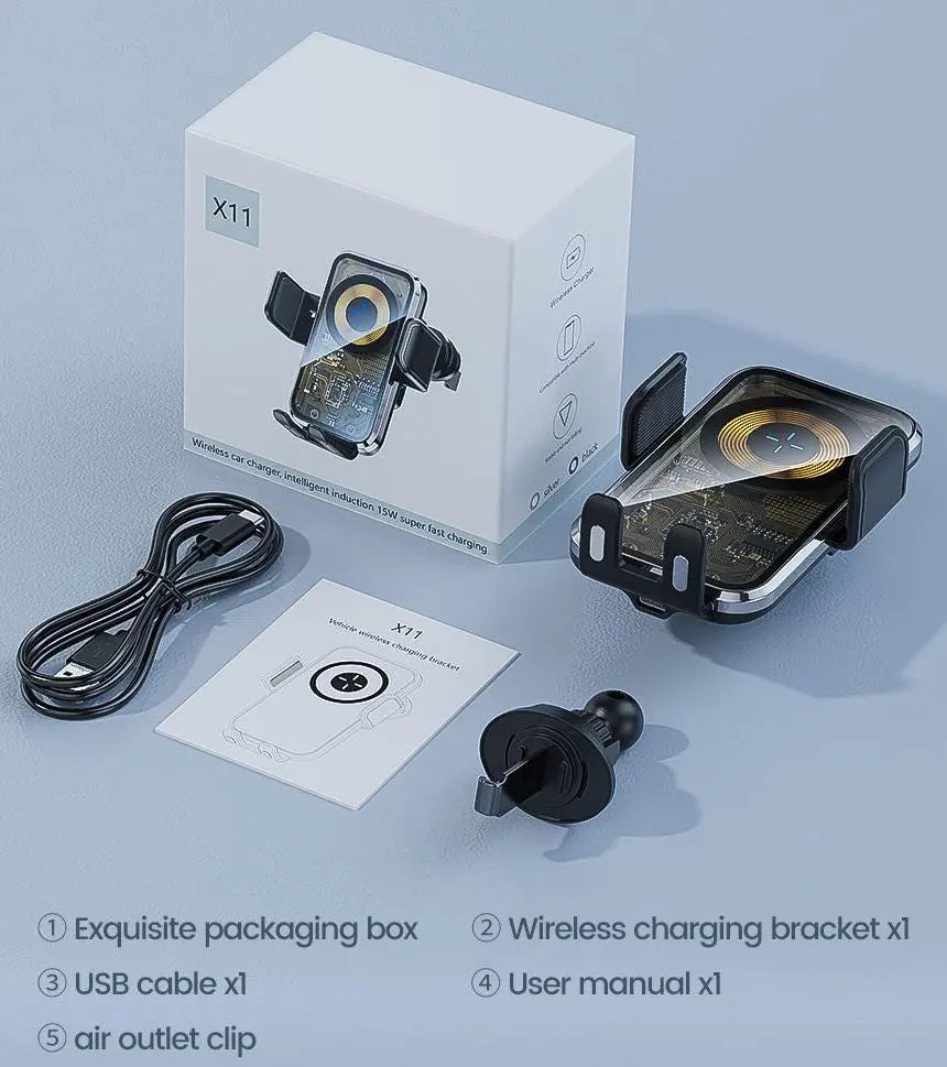 Incarcator Auto Wireless CyberPunk Style Staryon®, 15W Qi Fast Charging, Rotire 360 grade, functie suport, compatibilitate universala, Negru