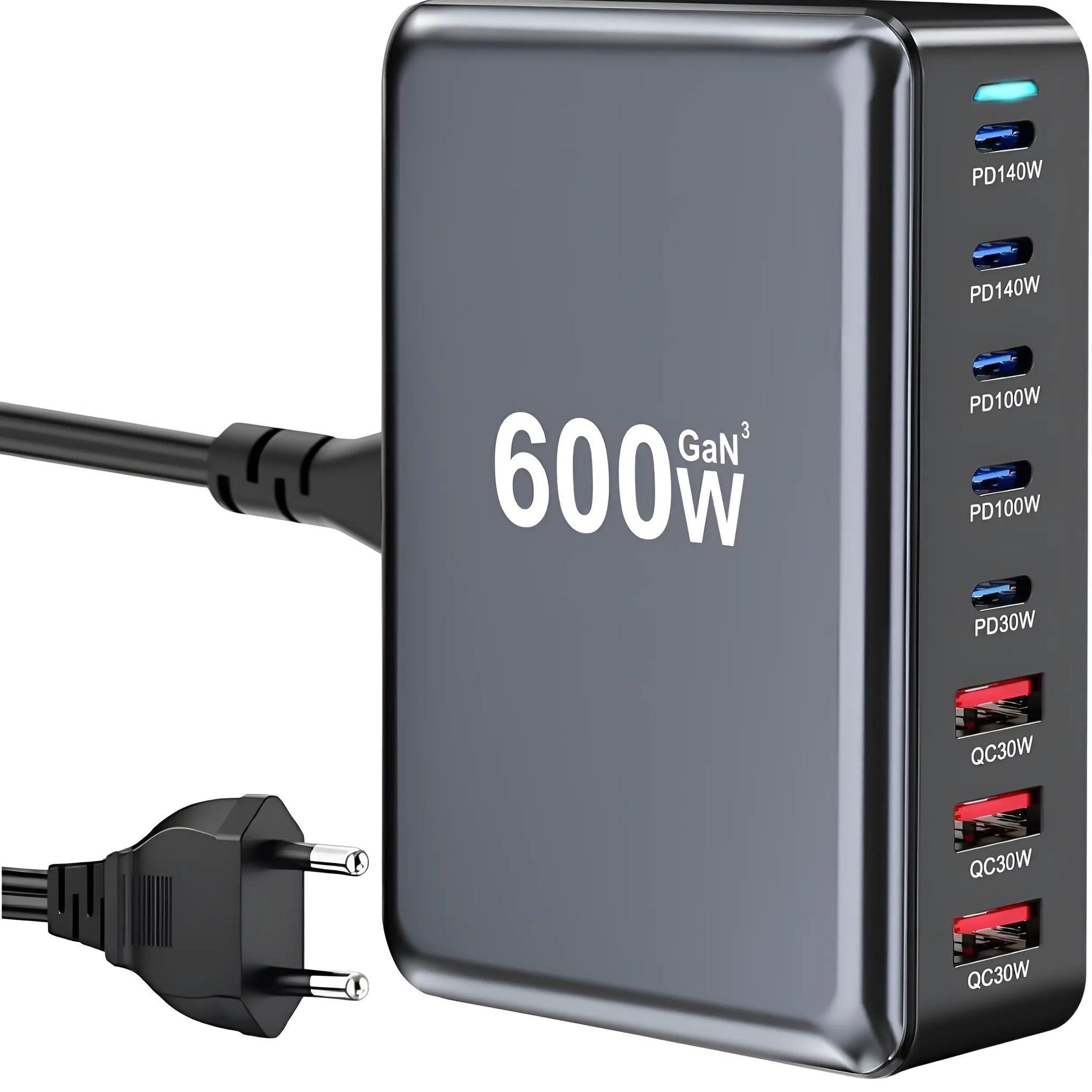 Statie de Incarcare USB 600W GaN PRO 8 in 1, 5 USB-C & 3 USB-A, Incarcare Ultrarapida pentru 8 Dispozitive, Protectie si Disipare Eficienta a Caldurii, Incarcare Universala pentru Laptopuri & Telefoane, Compacta si Puternica, Staryon®, Negru