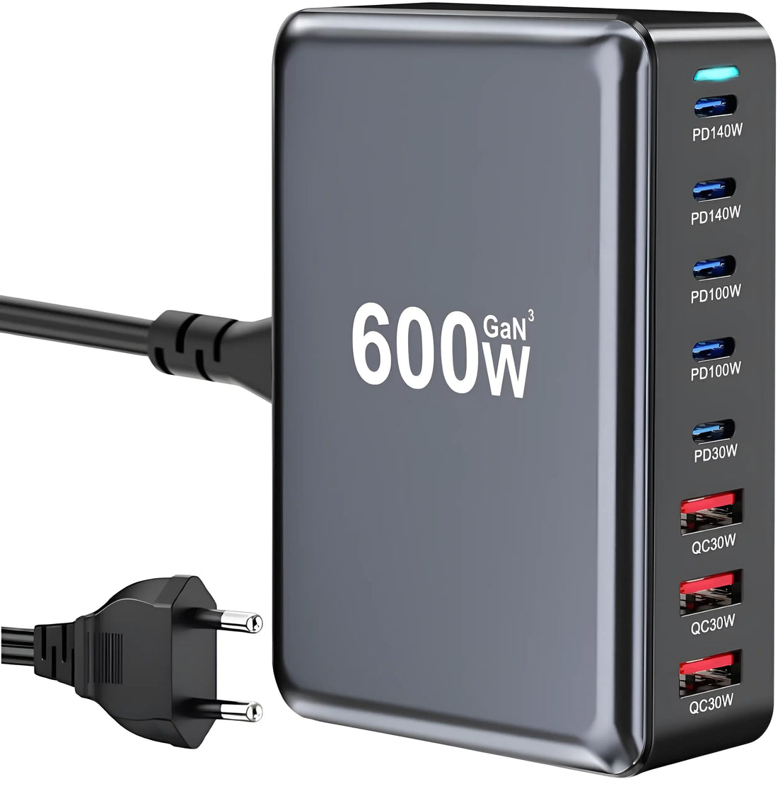 Statie de Incarcare USB 600W GaN PRO 8 in 1, 5 USB-C & 3 USB-A, Incarcare Ultrarapida pentru 8 Dispozitive, Protectie si Disipare Eficienta a Caldurii, Incarcare Universala pentru Laptopuri & Telefoane, Compacta si Puternica, Staryon®, Negru