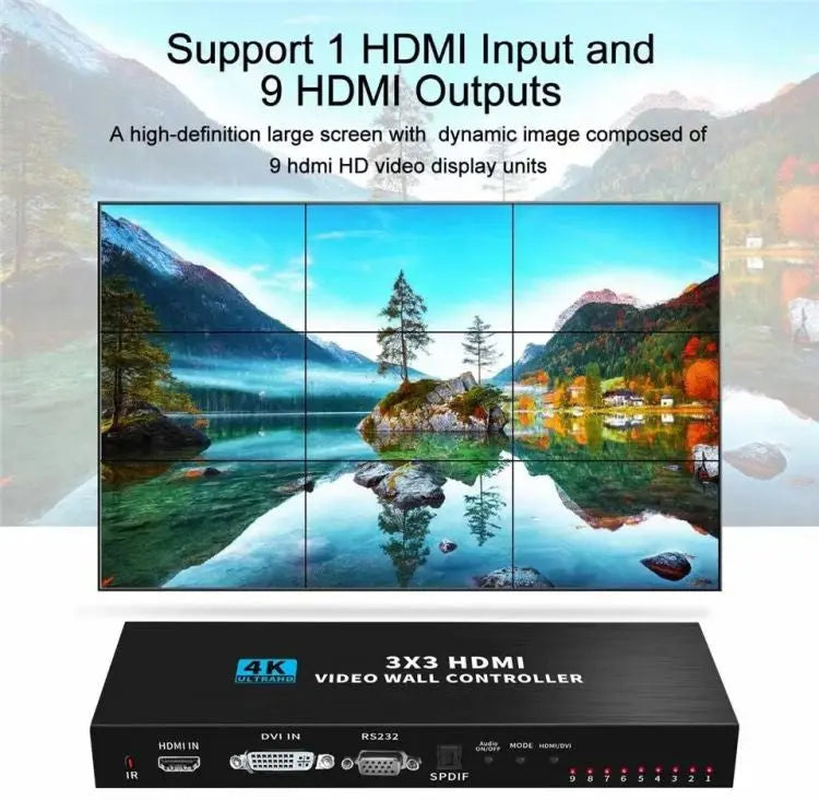 Controler Procesor Video Wall 4K 3x3 Staryon®, HDMI/DVI, Switcher/Splicer, Suport 1X2/1X4/1X3/2X1/3X1/4X1, Intrare HDMI1.4/HDCP1.4, Iesire 1080P 60Hz, Audio 5.1CH, RS232, Telecomanda Inclusa