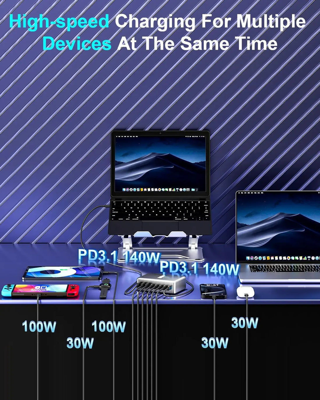 Statie de Incarcare USB 600W GaN PRO 8 in 1, 5 USB-C & 3 USB-A, Incarcare Ultrarapida pentru 8 Dispozitive, Protectie si Disipare Eficienta a Caldurii, Incarcare Universala pentru Laptopuri & Telefoane, Compacta si Puternica, Staryon®, Negru