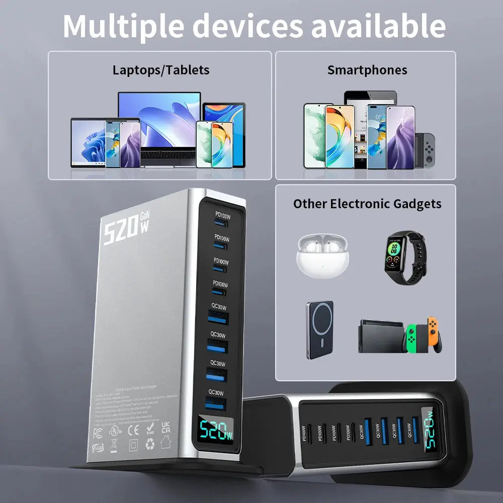 tatie de Incarcare USB 520W GaN PRO 8 in 1, 4 USB-C & 4 USB-A, Incarcare Ultrarapida pentru 8 Dispozitive, Protectie si Disipare Eficienta a Caldurii, Incarcare Universala pentru Laptopuri & Telefoane, Compacta si Puternica, Staryon®, Argintiu