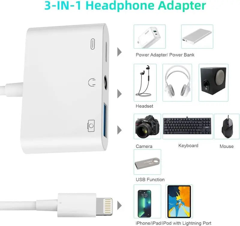 Adaptor OTG 3 in 1 Lightning Staryon® la USB 3.0, Port de Incarcare, Jack Audio 3.5MM, compatibil Apple iPhone si iPad, Suport Tastatura si Disk MIDI