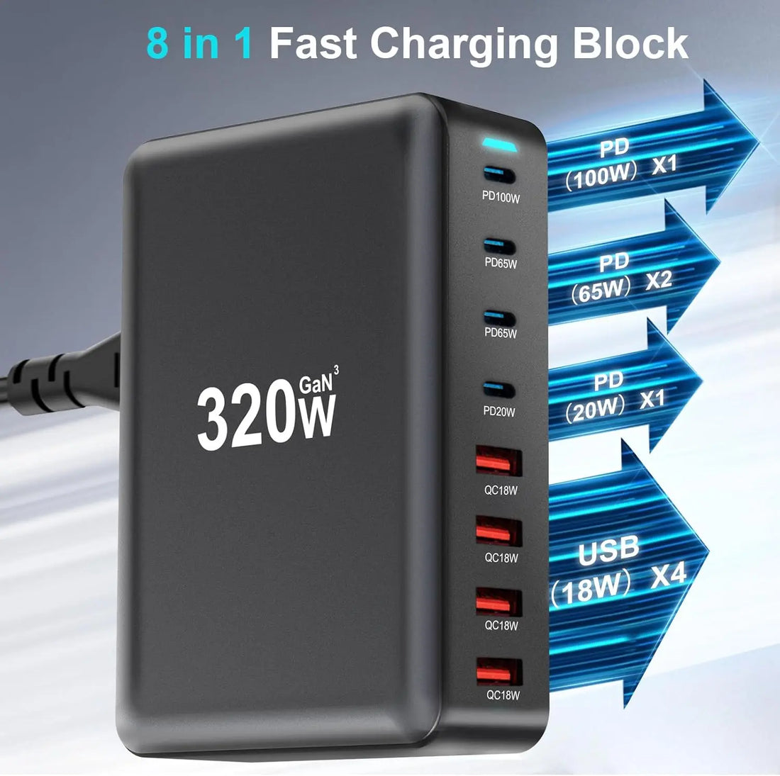 Statie de Incarcare USB 320W GaN PRO 8 in 1, 4 USB-C & 4 USB-A, Incarcare Ultrarapida pentru 8 Dispozitive, Protectie si Disipare Eficienta a Caldurii, Incarcare Universala pentru Laptopuri & Telefoane, Compacta si Puternica, Staryon®, Negru