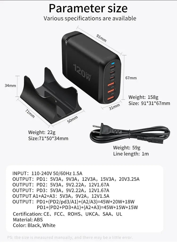 Statie de Incarcare USB 120W GaN PRO 6 in 1, 3 USB-C & 3 USB-A, Incarcare Ultrarapida pentru 6 Dispozitive, Protectie Avansata si Disipare Eficienta a Caldurii, Incarcare Universala pentru Laptopuri & Telefoane