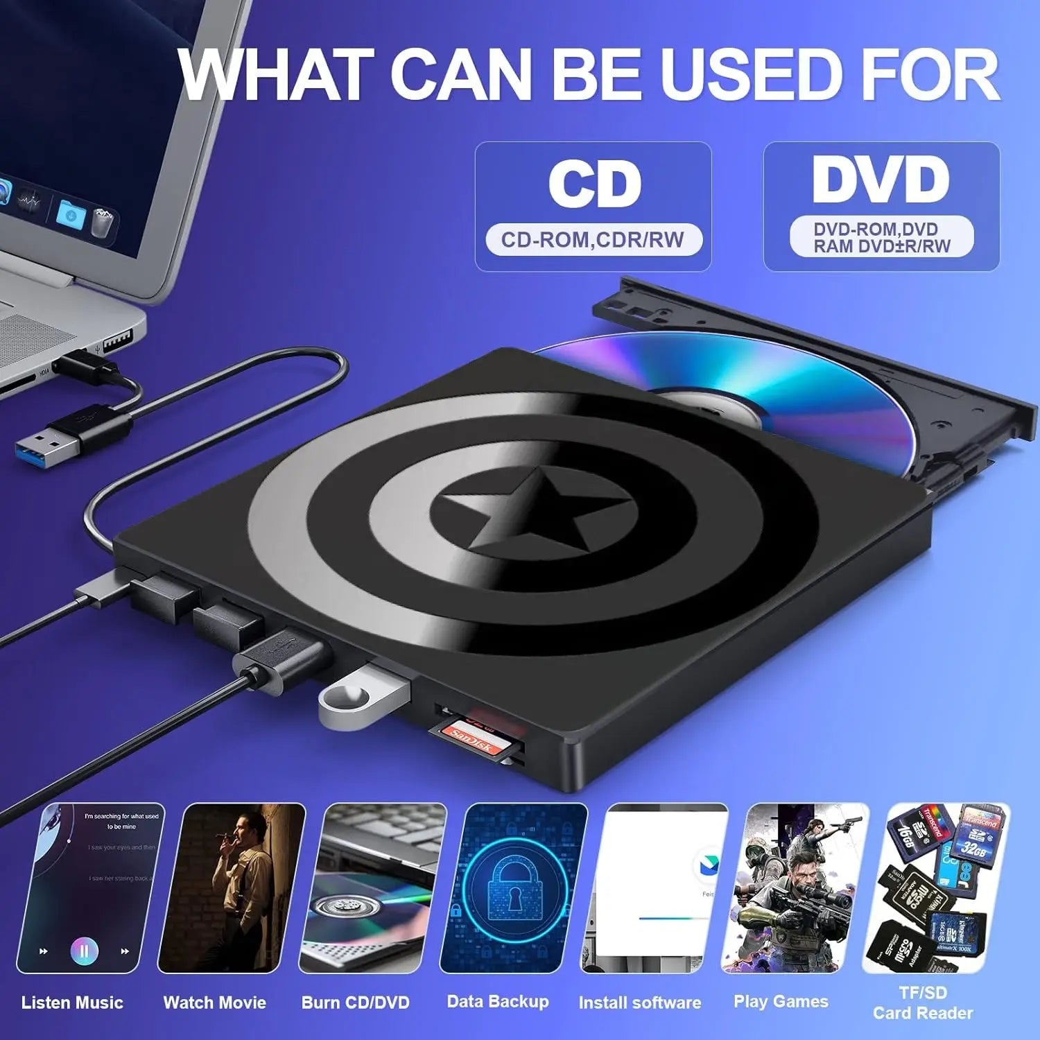 DVD Writer Extern Portabil Slim Model Star, USB 3.0, CD, DVD +/-, RW, Multifunctional, 3x USB-A 2.0, 1x USB-C 3.0, Cititor De Carduri TF SD, Reader DVD Player Staryon® Compatibil Laptop/Desktop/Macbook/iMac, Windows 11/10/8/7/XP, Linux OS, Mac OS, Negru