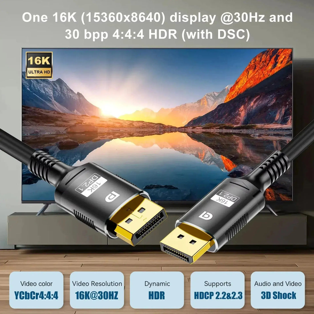 Cablu DisplayPort 2.1 200 cm, 16K@30Hz, 8K@120Hz, 4K@240Hz, HDR, 80Gbps, DP la DP Staryon®, Compatibil PC, Laptop, TV, Xbox, PS5, Proiector, Monitor Gaming, High-Speed, Conectori Auriti, Negru