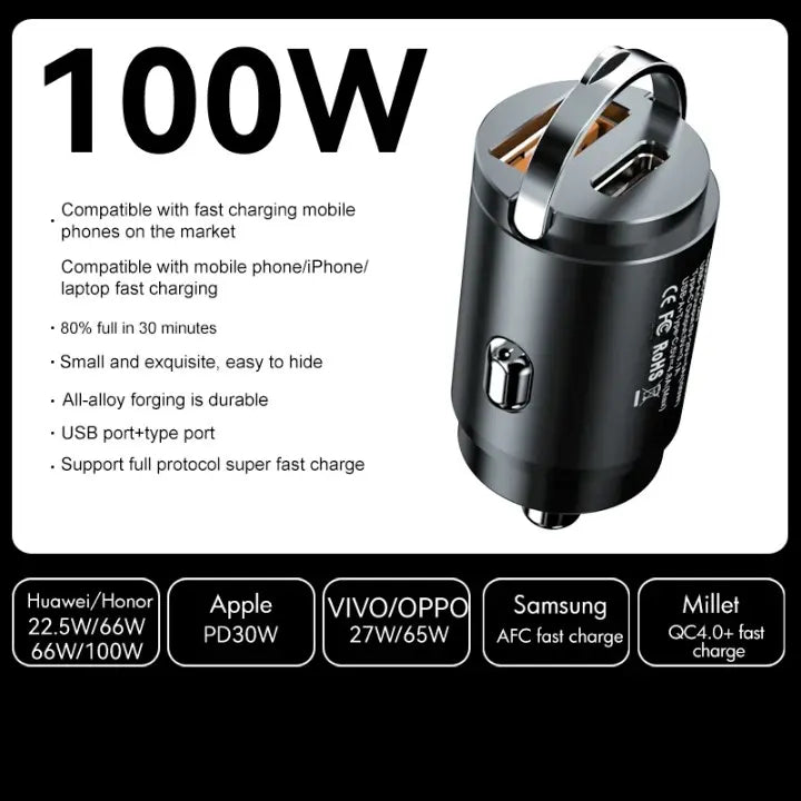 Incarcator Auto Bricheta Mini Staryon® SuperFastCharge 100W, USB-A 100W + USB Tip C PD 15W Incarcare Rapida, Compatibilitate Universala, Apple, Samsung, Huawey, Xiaomi, Google, Tableta, Corp Metalic, 12V/24V, Negru
