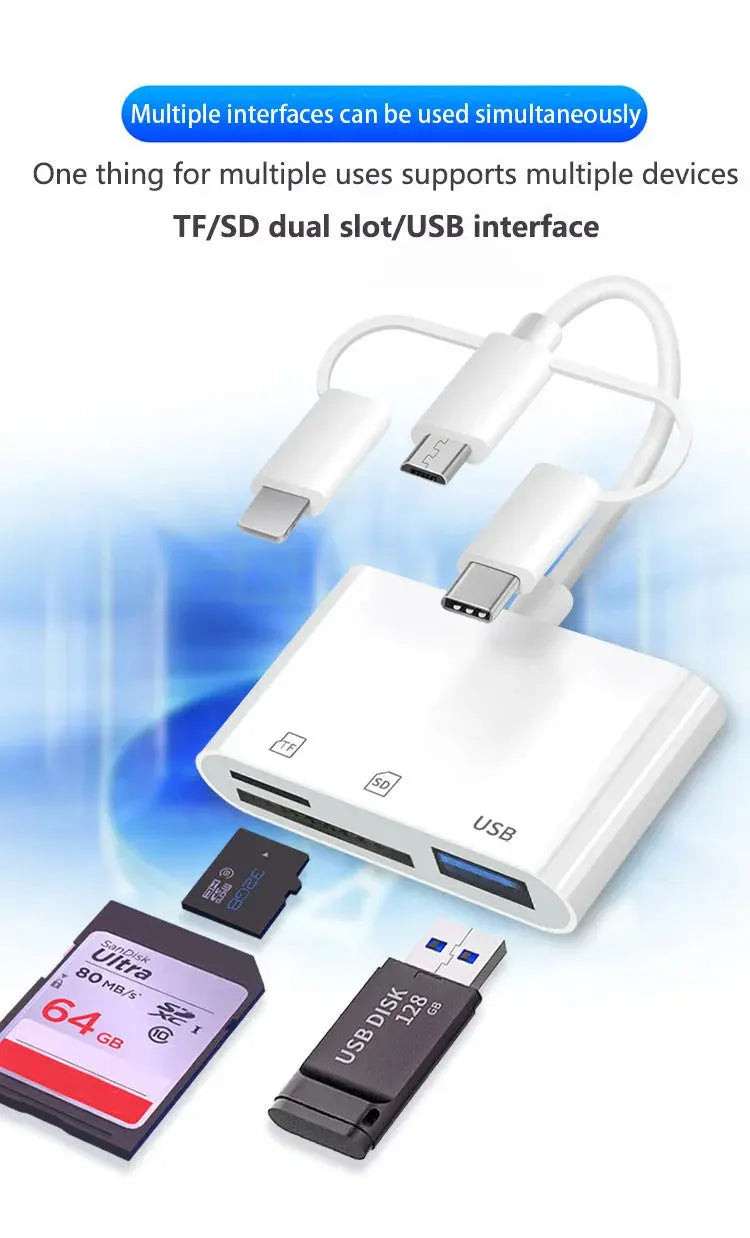 Adaptor OTG 3 in 1 Lightning / USB Type-C / Micro USB Staryon® la USB 3.0, Card Reader SD si MicroSD, compatibil Apple iPhone, iPad, Macbook, Samsung, Huawei, Xiaomi, Laptop si Telefon