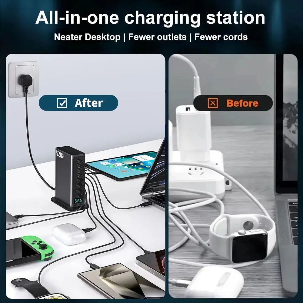 tatie de Incarcare USB 520W GaN PRO 8 in 1, 4 USB-C & 4 USB-A, Incarcare Ultrarapida pentru 8 Dispozitive, Protectie si Disipare Eficienta a Caldurii, Incarcare Universala pentru Laptopuri & Telefoane, Compacta si Puternica, Staryon®, Argintiu