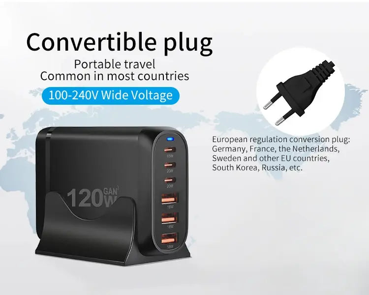 Statie de Incarcare USB 120W GaN PRO 6 in 1, 3 USB-C & 3 USB-A, Incarcare Ultrarapida pentru 6 Dispozitive, Protectie Avansata si Disipare Eficienta a Caldurii, Incarcare Universala pentru Laptopuri & Telefoane
