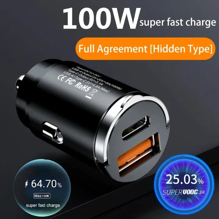 Incarcator Auto Bricheta Mini Staryon® SuperFastCharge 100W, USB-A 100W + USB Tip C PD 15W Incarcare Rapida, Compatibilitate Universala, Apple, Samsung, Huawey, Xiaomi, Google, Tableta, Corp Metalic, 12V/24V, Negru