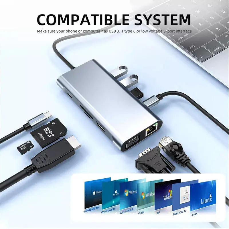 Hub Adaptor Multiport 11 in 1 USB-C 3.1 Staryon® la HDMI 4K / VGA / LAN RJ45 Ethernet (1000 MB/S) / 1x USB-C Data / 3x USB-A 3.0 / Jack Audio / Power Delivery Port 100W / TF si SD Card Reader, Docking Station Laptop, MacBook Air/Pro, Telefon, Tableta, Gri