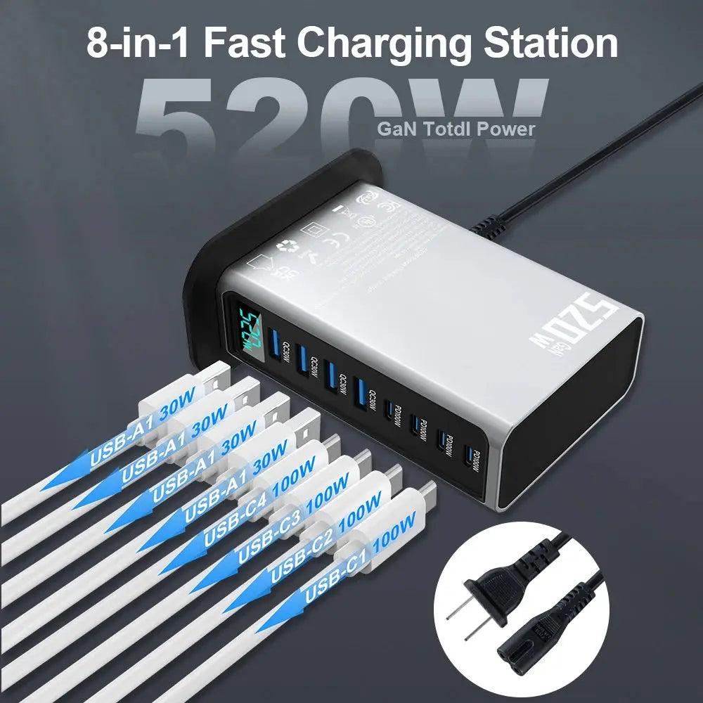 tatie de Incarcare USB 520W GaN PRO 8 in 1, 4 USB-C & 4 USB-A, Incarcare Ultrarapida pentru 8 Dispozitive, Protectie si Disipare Eficienta a Caldurii, Incarcare Universala pentru Laptopuri & Telefoane, Compacta si Puternica, Staryon®, Argintiu
