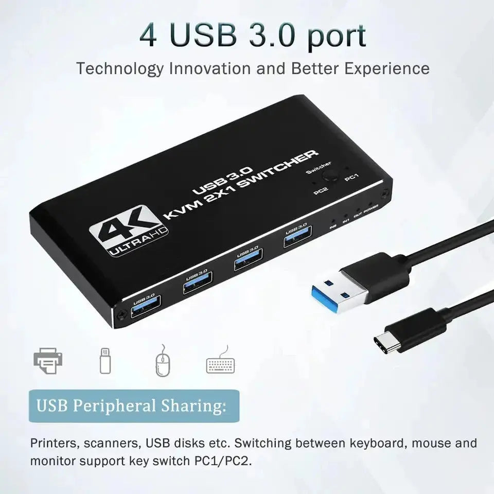 Switch KVM HDMI Staryon®, Comutator USB 3.0 2x1 HDMI 4K@60Hz USB Hot Key Switch - 2 computere partajeaza un monitor, tastatura si mouse, disc USB, imprimanta, camera USB, Negru