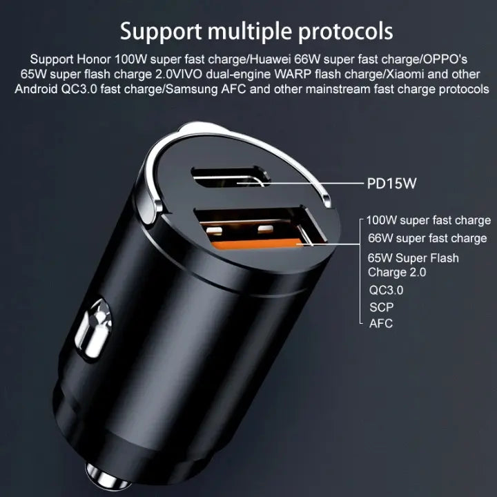 Incarcator Auto Bricheta Mini Staryon® SuperFastCharge 100W, USB-A 100W + USB Tip C PD 15W Incarcare Rapida, Compatibilitate Universala, Apple, Samsung, Huawey, Xiaomi, Google, Tableta, Corp Metalic, 12V/24V, Negru