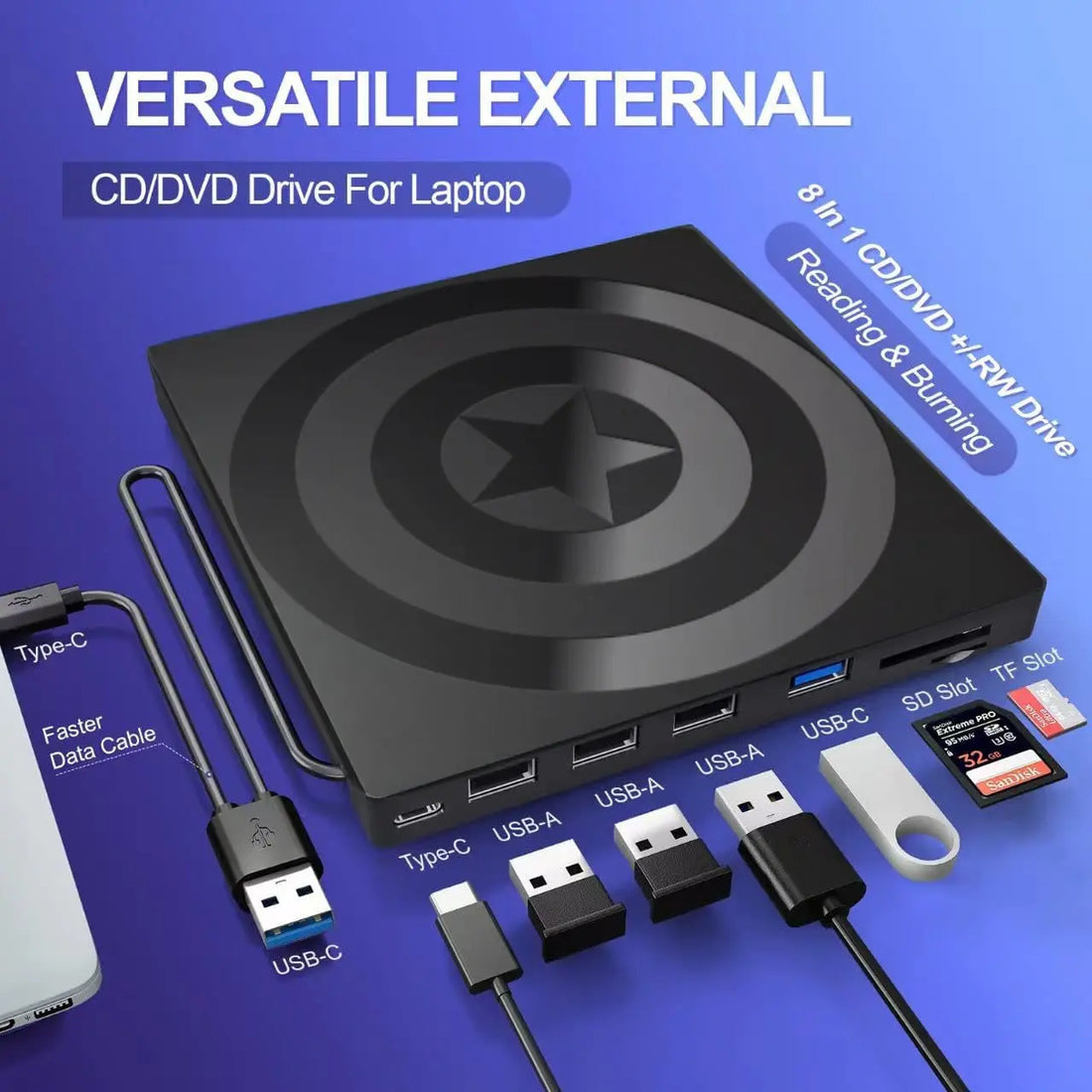 DVD Writer Extern Portabil Slim Model Star, USB 3.0, CD, DVD +/-, RW, Multifunctional, 3x USB-A 2.0, 1x USB-C 3.0, Cititor De Carduri TF SD, Reader DVD Player Staryon® Compatibil Laptop/Desktop/Macbook/iMac, Windows 11/10/8/7/XP, Linux OS, Mac OS, Negru