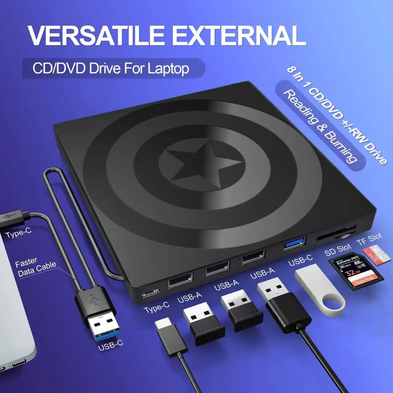 DVD Writer Extern Portabil Slim Model Star, USB 3.0, CD, DVD +/-, RW, Multifunctional, 3x USB-A 2.0, 1x USB-C 3.0, Cititor De Carduri TF SD, Reader DVD Player Staryon® Compatibil Laptop/Desktop/Macbook/iMac, Windows 11/10/8/7/XP, Linux OS, Mac OS, Negru