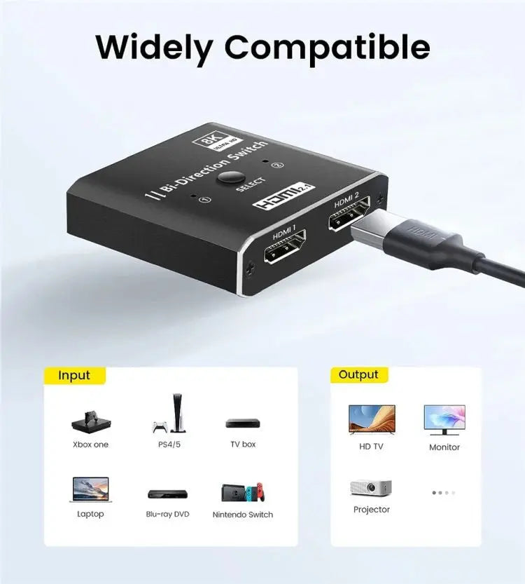 Switch 8K HDMI 2.1 Staryon® Bi-directional 1x2 / 2x1, 2 intrari 1 iesire, Suporta UHD 4K@120Hz 1080P@240Hz 8K@60Hz 3D HDR HDCP, Perfect pentru Consola, TV, Proiector, Sistem Home Cinema, Fara Nevoie de Alimentare, Negru