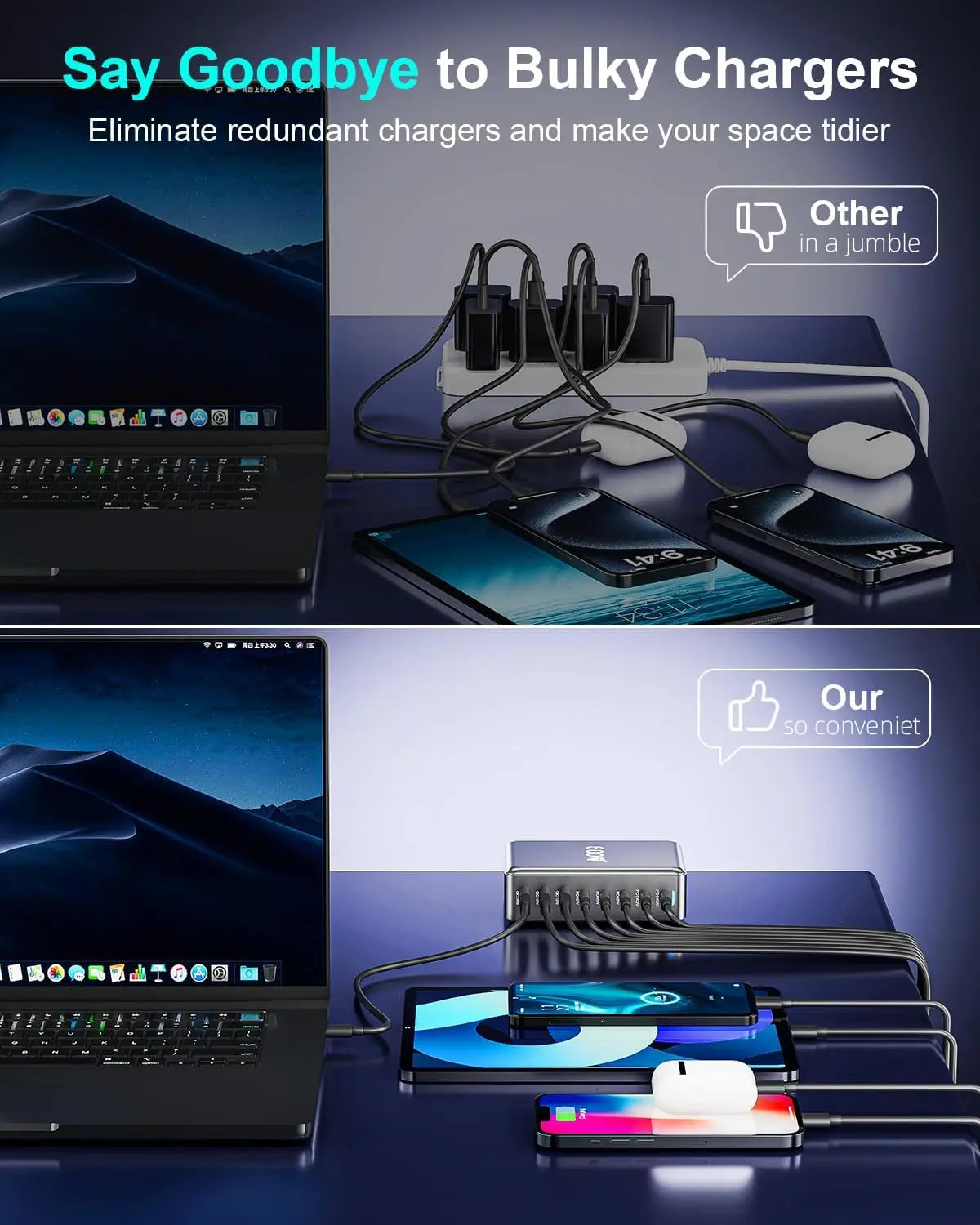 Statie de Incarcare USB 600W GaN PRO 8 in 1, 5 USB-C & 3 USB-A, Incarcare Ultrarapida pentru 8 Dispozitive, Protectie si Disipare Eficienta a Caldurii, Incarcare Universala pentru Laptopuri & Telefoane, Compacta si Puternica, Staryon®, Negru