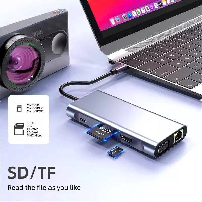 Hub Adaptor Multiport 11 in 1 USB-C 3.1 Staryon® la HDMI 4K / VGA / LAN RJ45 Ethernet (1000 MB/S) / 1x USB-C Data / 3x USB-A 3.0 / Jack Audio / Power Delivery Port 100W / TF si SD Card Reader, Docking Station Laptop, MacBook Air/Pro, Telefon, Tableta, Gri