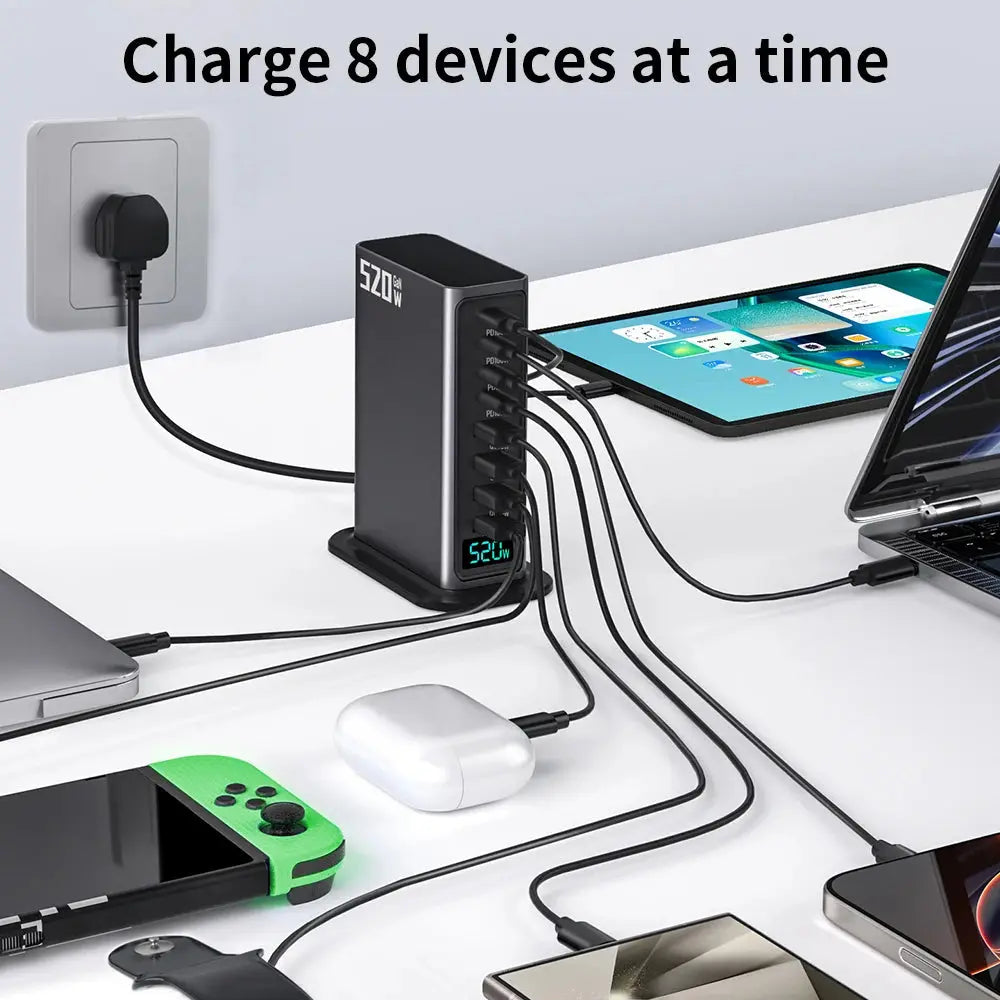 tatie de Incarcare USB 520W GaN PRO 8 in 1, 4 USB-C & 4 USB-A, Incarcare Ultrarapida pentru 8 Dispozitive, Protectie si Disipare Eficienta a Caldurii, Incarcare Universala pentru Laptopuri & Telefoane, Compacta si Puternica, Staryon®, Argintiu