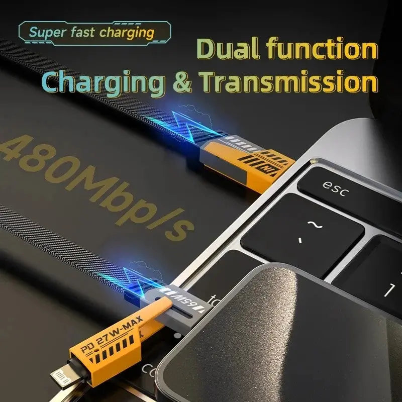 Cablu Incarcare Rapida si Transfer Date 4-in-1 USB-C PD 65W/27W, 1M - Type-C, USB-A, Lightning, Compatibil iPhone, iPad, Samsung, Huawei, Android, Laptopuri si Power Bank, multicolor