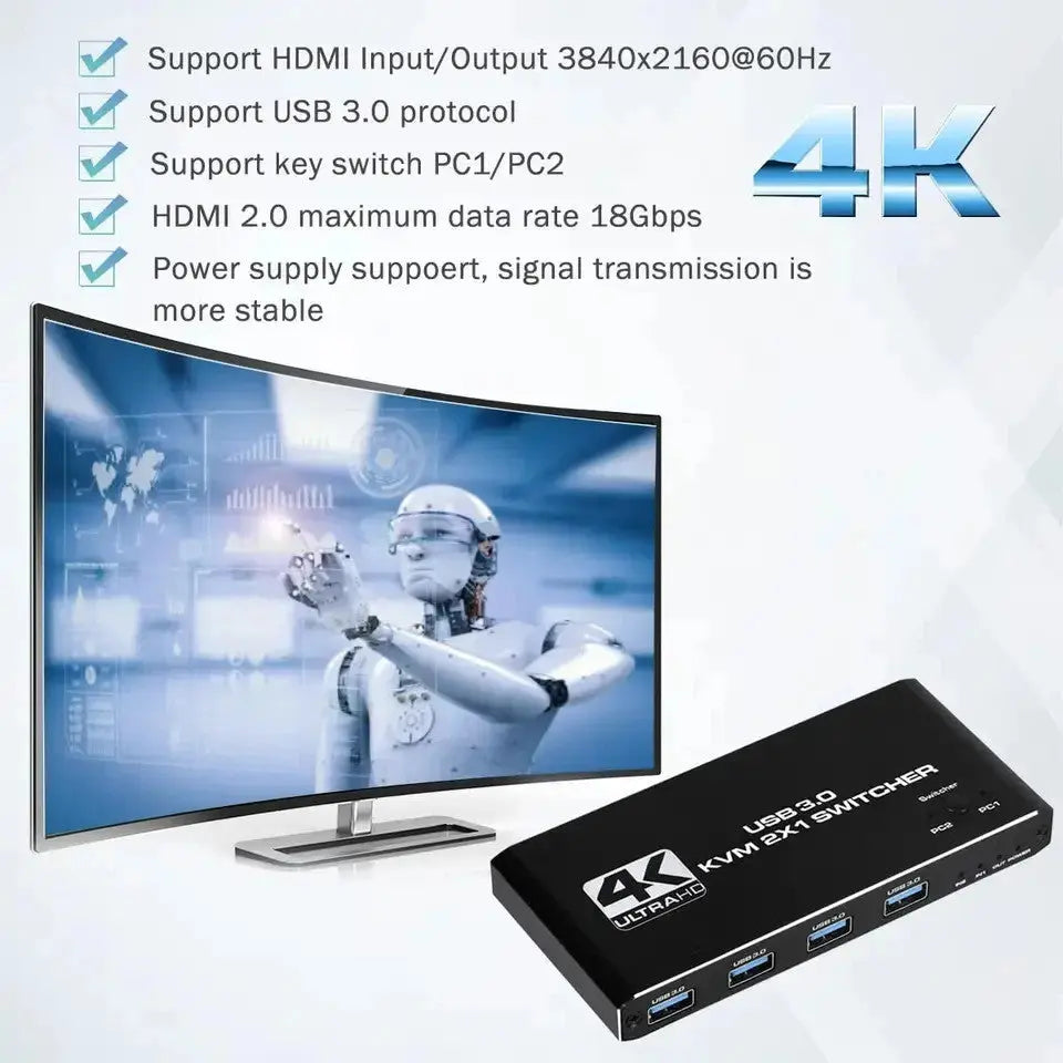 Switch KVM HDMI Staryon®, Comutator USB 3.0 2x1 HDMI 4K@60Hz USB Hot Key Switch - 2 computere partajeaza un monitor, tastatura si mouse, disc USB, imprimanta, camera USB, Negru