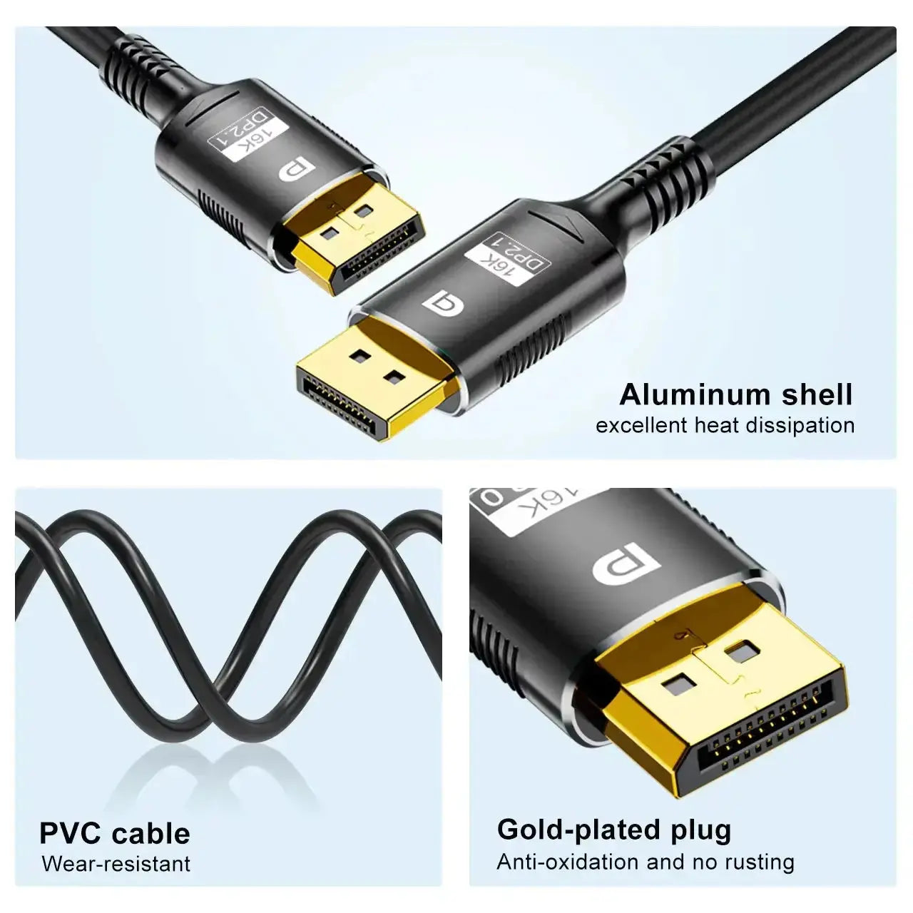 Cablu DisplayPort 2.1 200 cm, 16K@30Hz, 8K@120Hz, 4K@240Hz, HDR, 80Gbps, DP la DP Staryon®, Compatibil PC, Laptop, TV, Xbox, PS5, Proiector, Monitor Gaming, High-Speed, Conectori Auriti, Negru