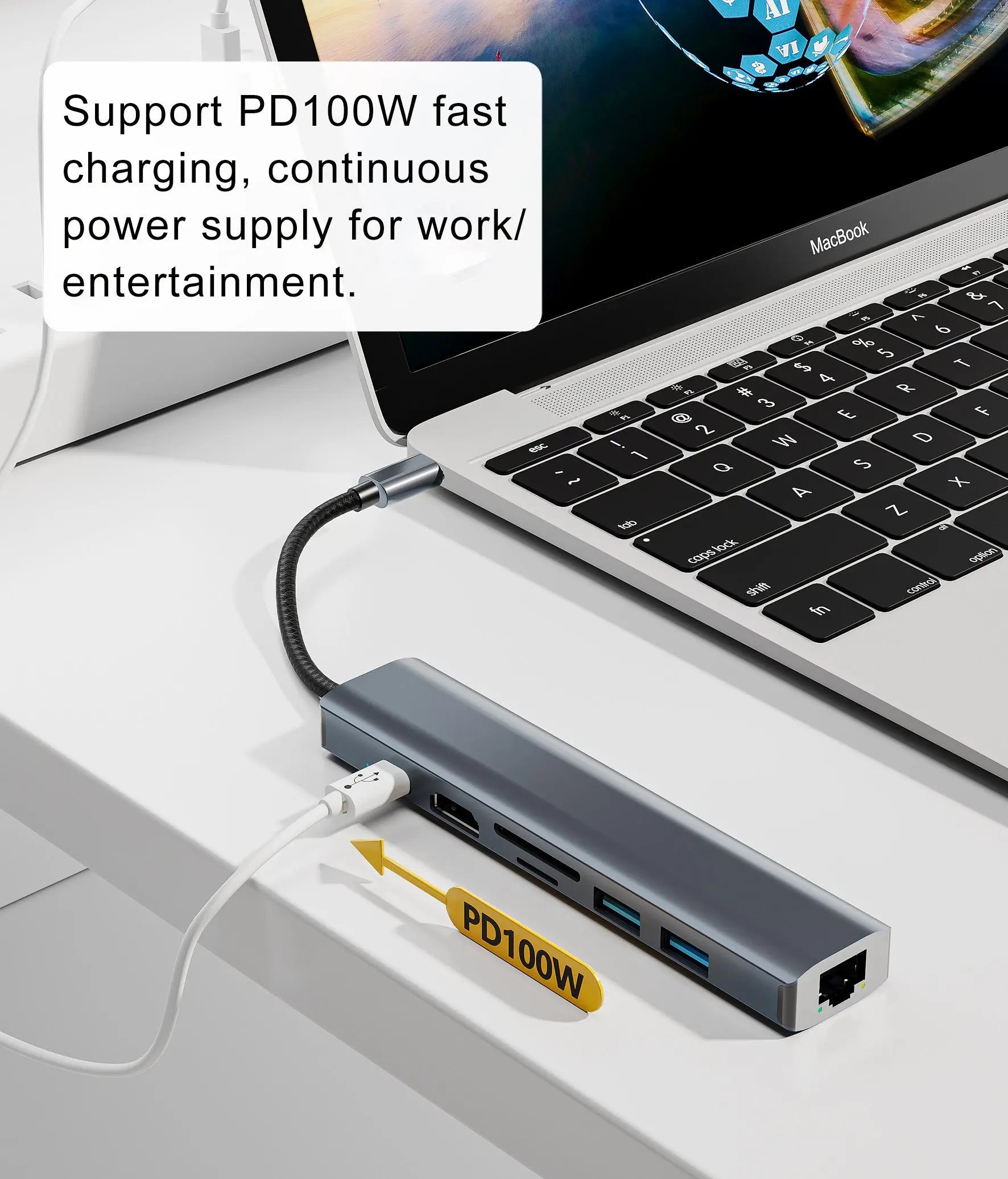 Hub Adaptor Multiport 7 in 1 USB-C 3.1 Staryon® la HDMI 4K / LAN RJ45 Ethernet (1000 MB/S) / 2x USB 3.0 / Power Delivery Port 100W / TF si SD Card Reader, Docking Station Laptop, MacBook Air/Pro, Telefon, Tableta, Gri