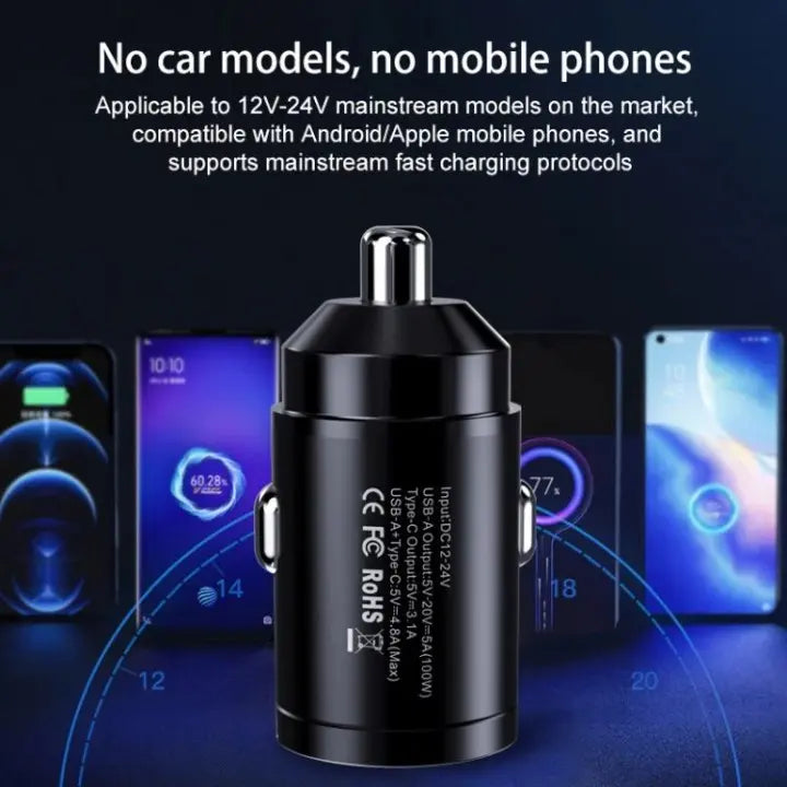 Incarcator Auto Bricheta Mini Staryon® SuperFastCharge 100W, USB-A 100W + USB Tip C PD 15W Incarcare Rapida, Compatibilitate Universala, Apple, Samsung, Huawey, Xiaomi, Google, Tableta, Corp Metalic, 12V/24V, Negru