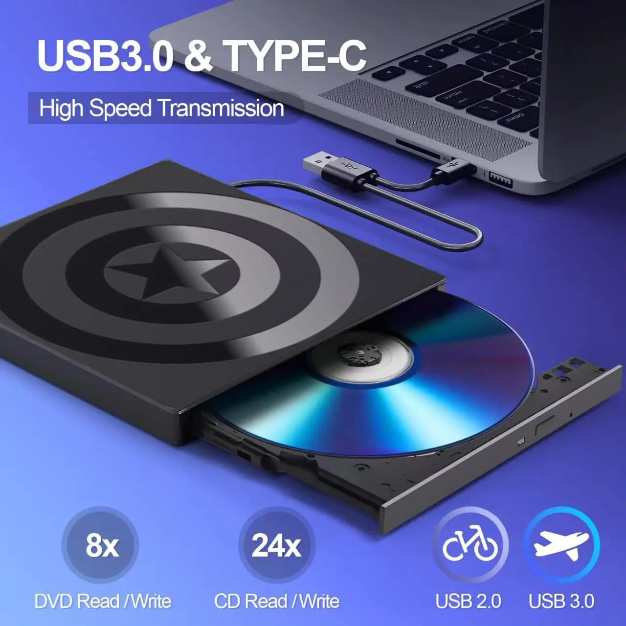 DVD Writer Extern Portabil Slim Model Star, USB 3.0, CD, DVD +/-, RW, Multifunctional, 3x USB-A 2.0, 1x USB-C 3.0, Cititor De Carduri TF SD, Reader DVD Player Staryon® Compatibil Laptop/Desktop/Macbook/iMac, Windows 11/10/8/7/XP, Linux OS, Mac OS, Negru