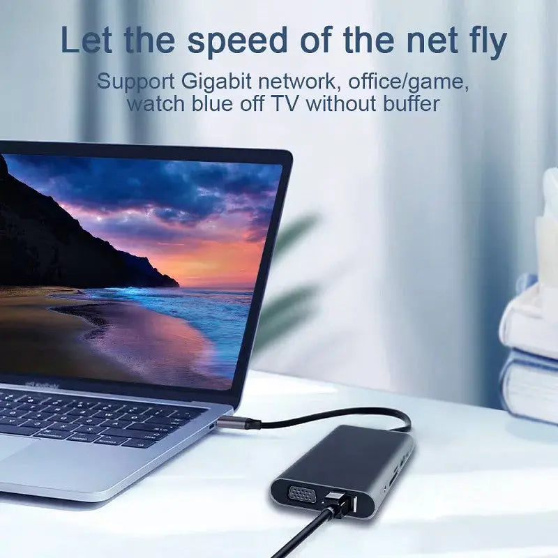 Hub Adaptor Multiport 11 in 1 USB-C 3.1 Staryon® la HDMI 4K / VGA / LAN RJ45 Ethernet (1000 MB/S) / 1x USB-C Data / 3x USB-A 3.0 / Jack Audio / Power Delivery Port 100W / TF si SD Card Reader, Docking Station Laptop, MacBook Air/Pro, Telefon, Tableta, Gri